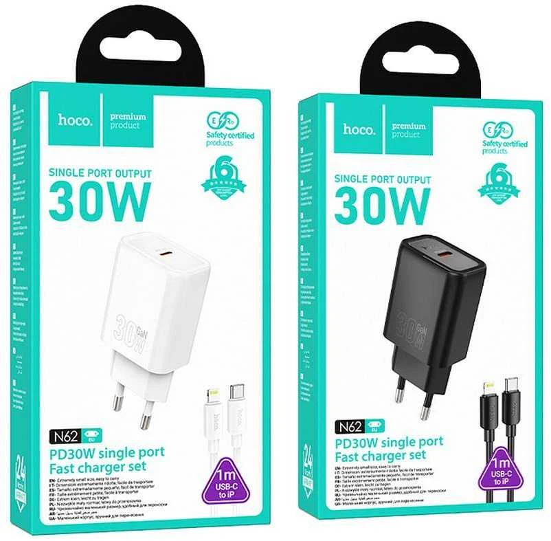 Telefono įkroviklis Hoco USB C QC PD 30W + laidas USB C - Lightning N62 juodas