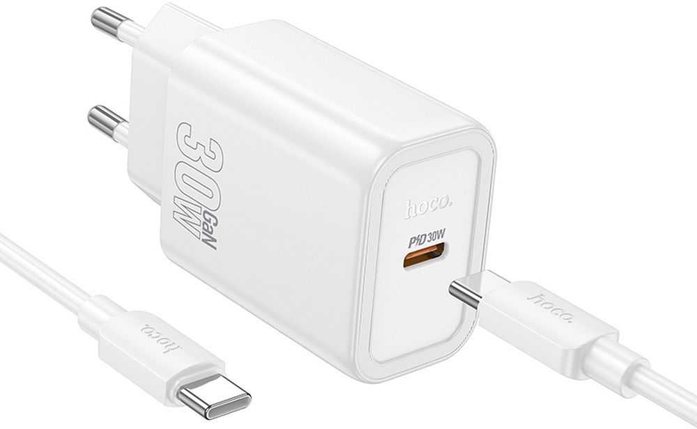 Telefono įkroviklis Hoco USB C QC PD 30W + laidas USB C į USB C N62 baltas