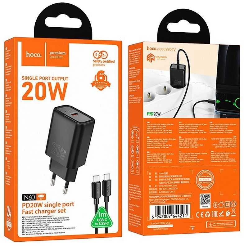 Telefono įkroviklis Hoco USB C QC PD 20W + laidas USB C į USB C N60 juodas