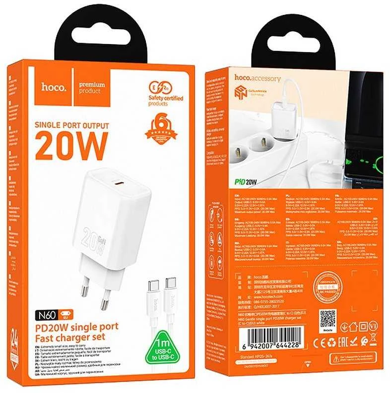 Telefono įkroviklis Hoco USB C QC PD 20W + laidas USB C į Lightning N60 baltas