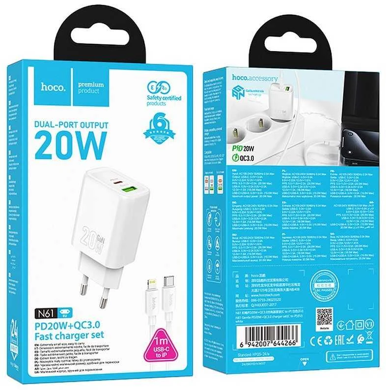 Telefono įkroviklis Hoco USB A + USB C QC3.0 PD 3A 20W + laidas USB C į Lightning N61 baltas