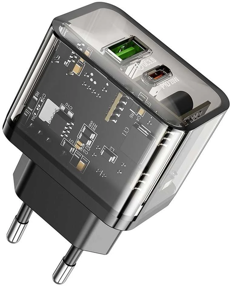 Telefono įkroviklis Hoco USB A + USB C QC3.0 PD 3A 20W N34 skaidrus