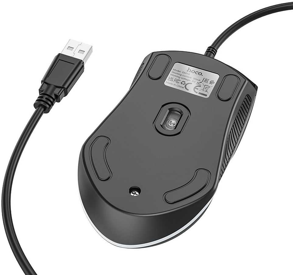 HOCO su laidu kompiuterinė pelė USB A 1000 DPI with flashing GM19 juodos spalvos