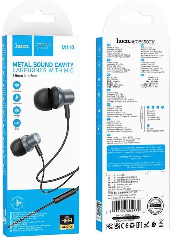 Wire ausinės Jack 3,5 mm Hoco M110 metal pilka