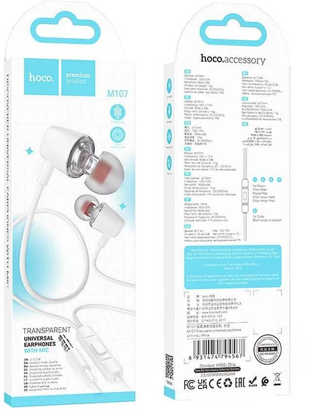 HOCO laidinės ausinės Jack 3,5 mm su mikrofonu M107 baltos spalvos