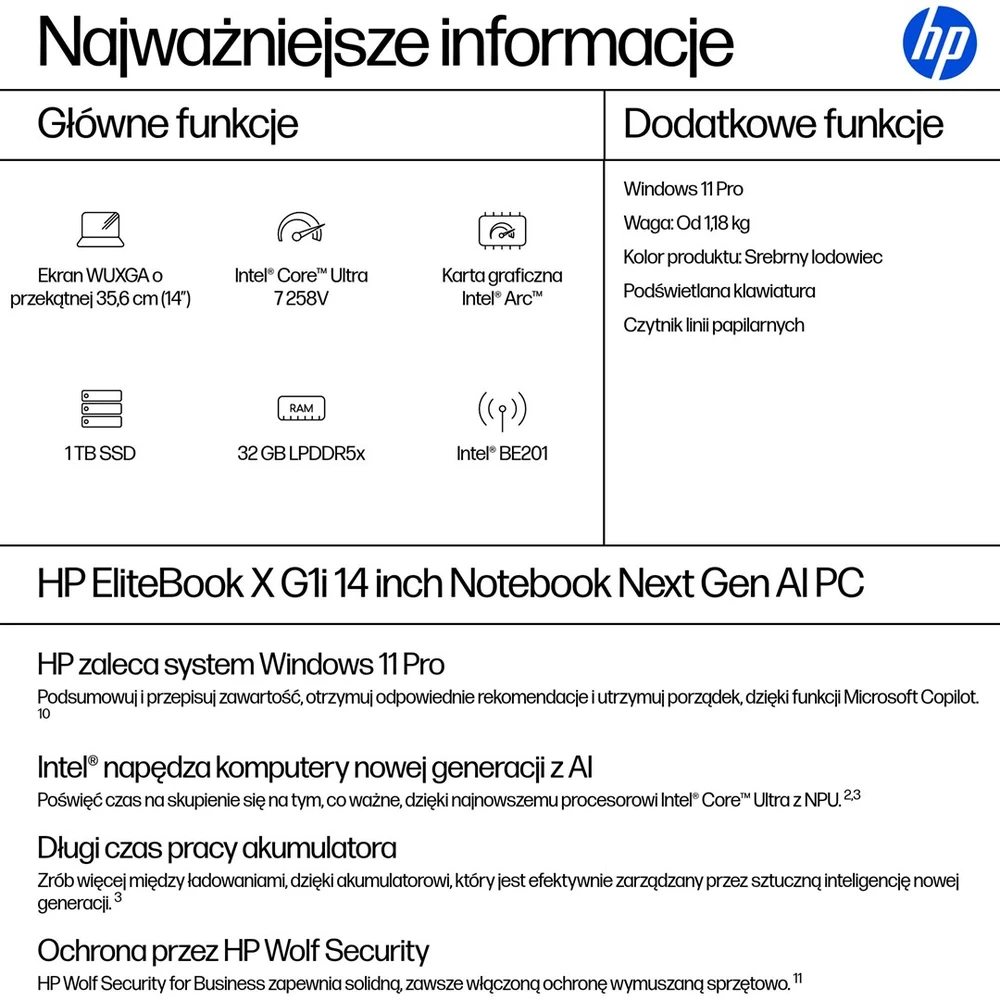HP EliteBook X G1i Next Gen AI PC Copilot+ PC 14", Intel Core Ultra 7 258V, WUXGA, 32 GB LPDDR5x-SDRAM, 1 TB SSD, Wi-Fi 7 (802.11be), Windows 11 Pro, sidabrinis