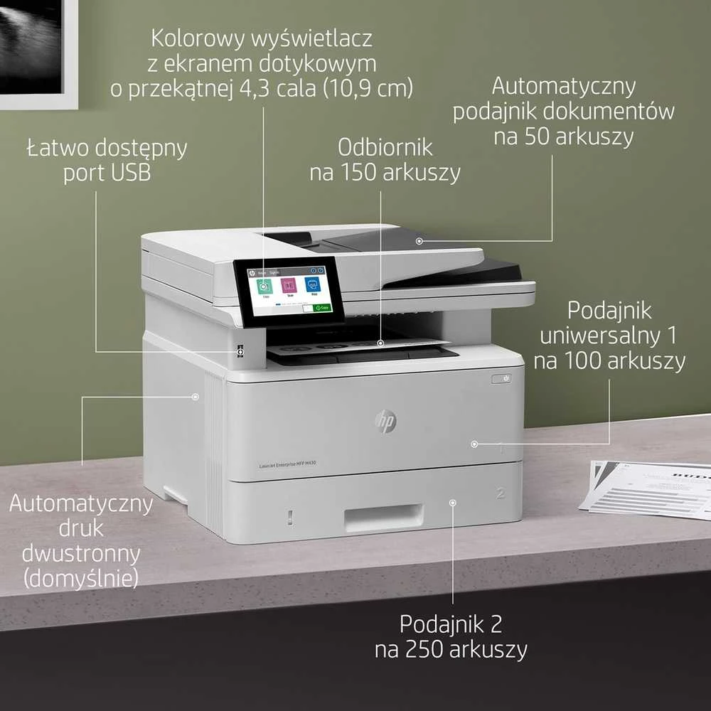 Hewlett Packard (HP) HP LaserJet Enterprise MFP M430f AIO All-in-One Spausdintuvas - A4 Mono lazerinis, Spausdinti/Kopijuoti/Dual-Side Scan/Faksas, Automatinis dokumentų tiektuvas, Auto-Duplex, LAN, 38ppm, 900-4800 pages per mėnuo (pakeičia M521f / M521dn)