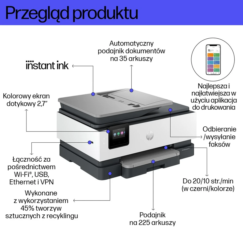 Hewlett Packard (HP) HP OfficeJet Pro 8132e belaidis daugiafunkcis spalvotas spausdintuvas Spausdintuvas, Instant Ink; Dvipusis spausdinimas