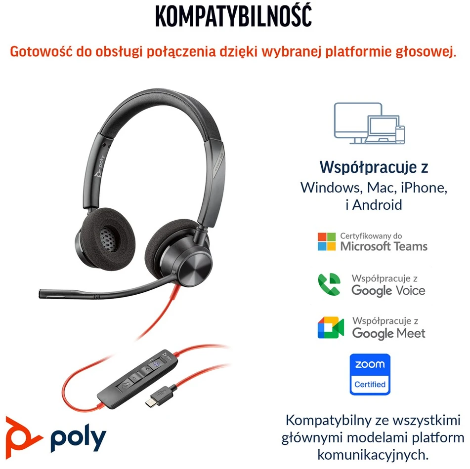 Hewlett Packard (HP) HP Poly Blackwire 3320 stereofoninis Microsoft Teams sertifikuotas USB-C Ausinės +USB-C/A adapteris