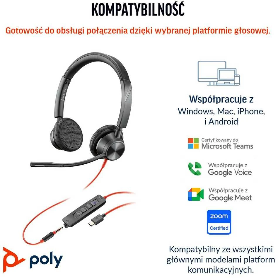 Poly Blackwire 3325 ausinės su platformų suderinamumo schema