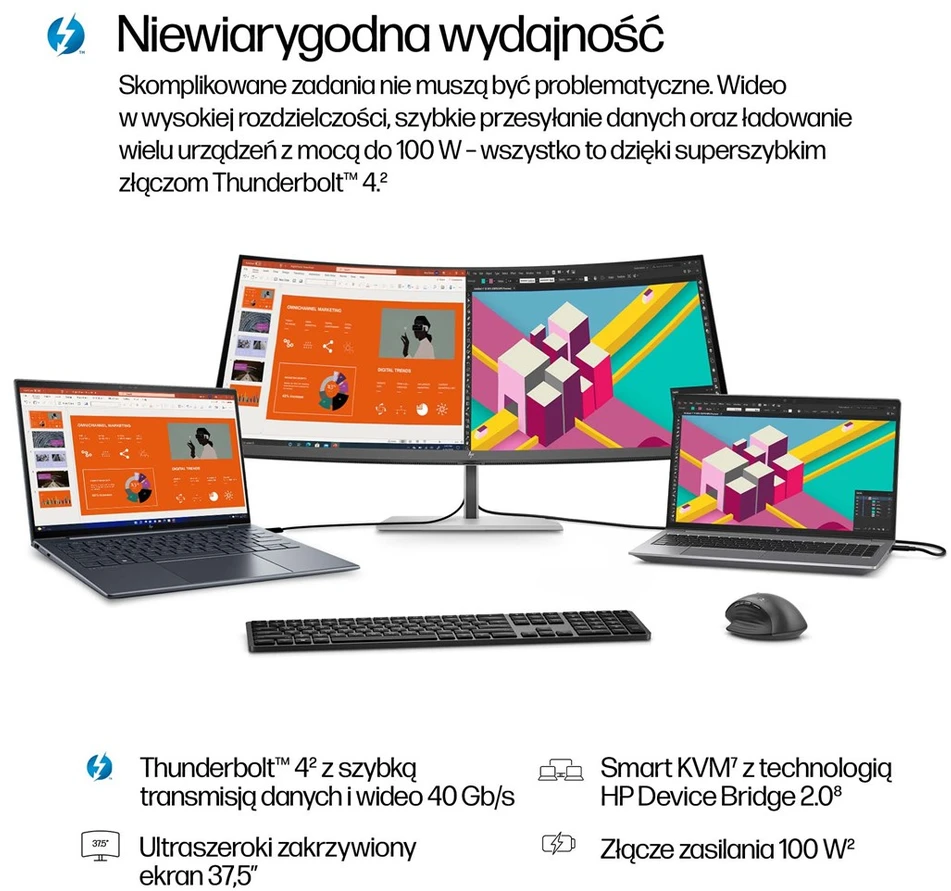 HP 738pu serijos 7 Pro lenktas TB4 įkrovimo monitorius - 37.5" 3840x1600 WQHD+ 400 nitų 60Hz AG, lenktas, IPS Juodas HDR 400, USB-C (100W/65W/15W)/HDMI/ DP Daisy-Chain, 5x USB-A, garsiakalbiai, RJ-45 LAN, reguliuojamo aukščio / pakreipimo / pasukimo, 3 metai (Z38c)