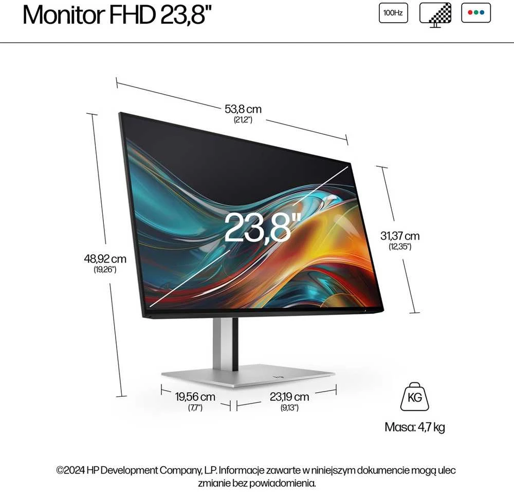 Hewlett Packard (HP) HP 724pf Series 7 Pro FHD monitorius – 23,8 colių 1920x1080 FHD 300 nitų 100 Hz AG, IPS, HDMI/DisplayPort Daisy-Chain, 4x USB-A, reguliuojamas aukštis / pakreipimas / pasukamas / sukamas, Z24 metai (pakeisti 3)