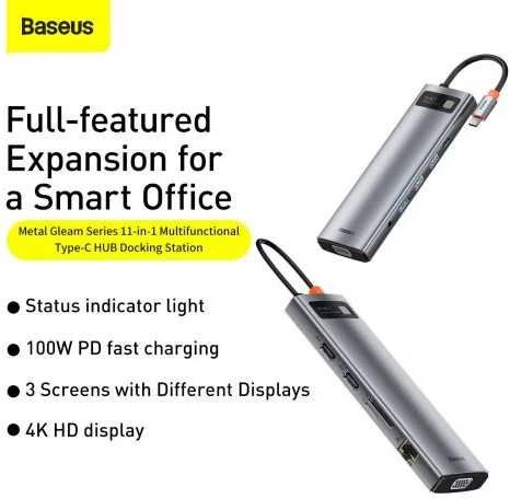 Šakotuvas 11in1 Baseus Metal Gleam Series USB-C į 3x USB 3.0 + 2x HDMI + USB-C PD + Ethernet RJ45 + Micro SD/SD + VGA + AUX