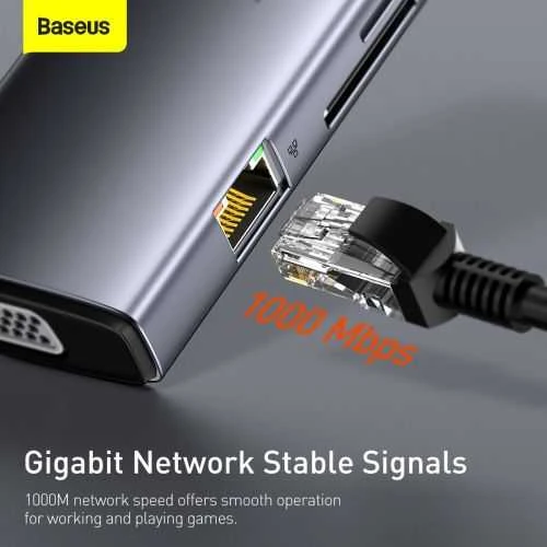 Šakotuvas 11in1 Baseus Metal Gleam Series USB-C į 3x USB 3.0 + 2x HDMI + USB-C PD + Ethernet RJ45 + Micro SD/SD + VGA + AUX