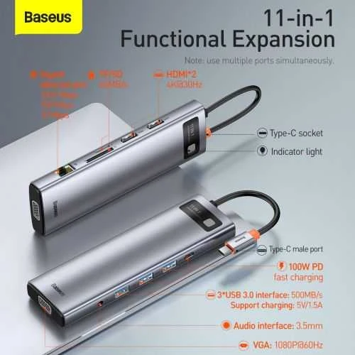 Šakotuvas 11in1 Baseus Metal Gleam Series USB-C į 3x USB 3.0 + 2x HDMI + USB-C PD + Ethernet RJ45 + Micro SD/SD + VGA + AUX