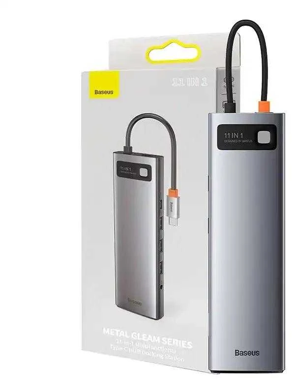 Šakotuvas 11in1 Baseus Metal Gleam Series USB-C į 3x USB 3.0 + 2x HDMI + USB-C PD + Ethernet RJ45 + Micro SD/SD + VGA + AUX