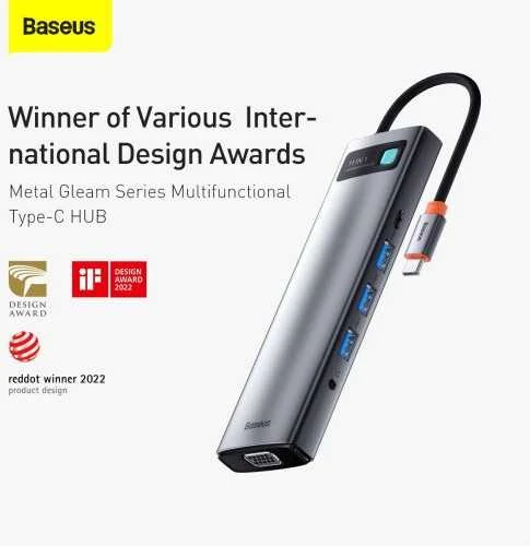 Šakotuvas 11in1 Baseus Metal Gleam Series USB-C į 3x USB 3.0 + 2x HDMI + USB-C PD + Ethernet RJ45 + Micro SD/SD + VGA + AUX
