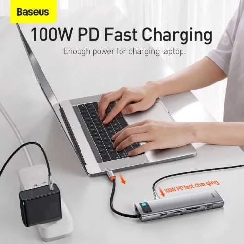 Šakotuvas 11in1 Baseus Metal Gleam Series USB-C į 3x USB 3.0 + 2x HDMI + USB-C PD + Ethernet RJ45 + Micro SD/SD + VGA + AUX