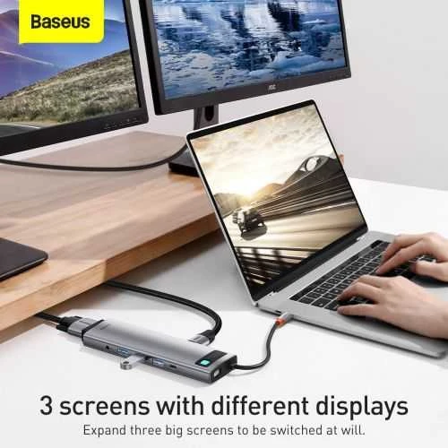 Šakotuvas 11in1 Baseus Metal Gleam Series USB-C į 3x USB 3.0 + 2x HDMI + USB-C PD + Ethernet RJ45 + Micro SD/SD + VGA + AUX