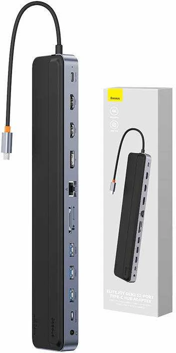 Hub 12w1 Baseus EliteJoy Gen2 serijos USB-C do 2xHDMI+ 3xUSB 3.0+ PD+ DP+ SD/TF+ RJ45+Type-C+ 3.5 mm (tamsiai pilka)