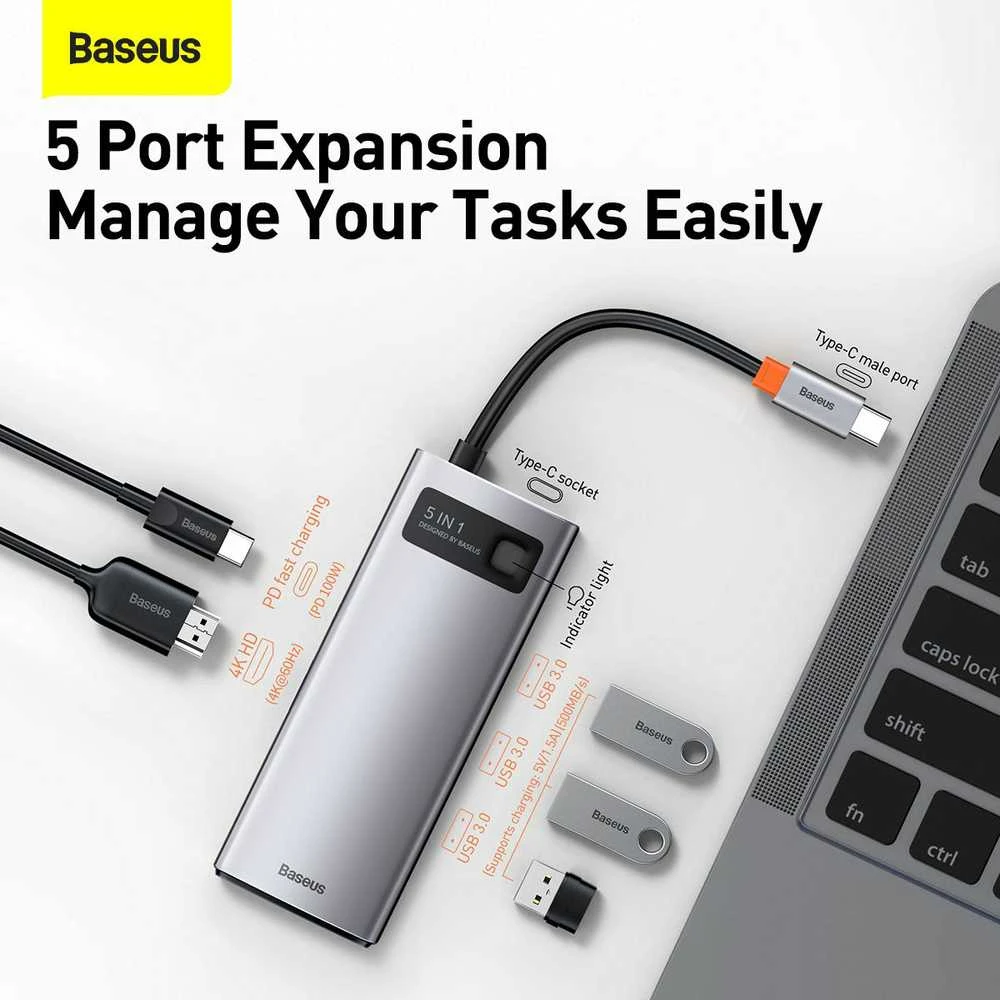 Baseus Metal Gleam serijos 5in1 stebulė, nuo USB-C iki 3x USB 3.0 + HDMI + USB-C PD