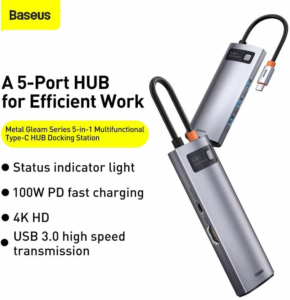 Baseus Metal Gleam serijos 5in1 stebulė, nuo USB-C iki 3x USB 3.0 + HDMI + USB-C PD
