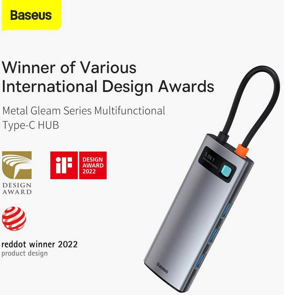 Baseus Metal Gleam serijos 5in1 stebulė, nuo USB-C iki 3x USB 3.0 + HDMI + USB-C PD