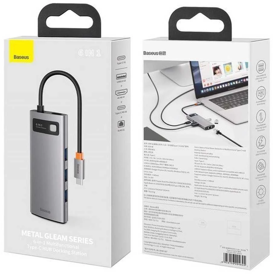 Baseus Metal Gleam serijos 6in1 šakotuvas USB-C - 3x USB 3.0 HDMI USB-C PD Ethernet RJ45