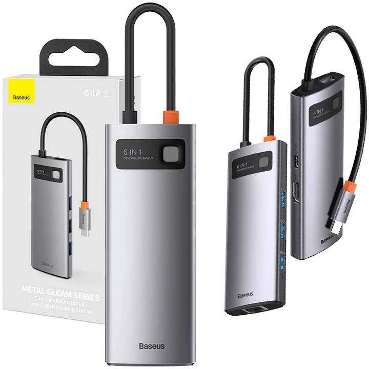 Baseus Metal Gleam serijos 6in1 šakotuvas USB-C - 3x USB 3.0 HDMI USB-C PD Ethernet RJ45