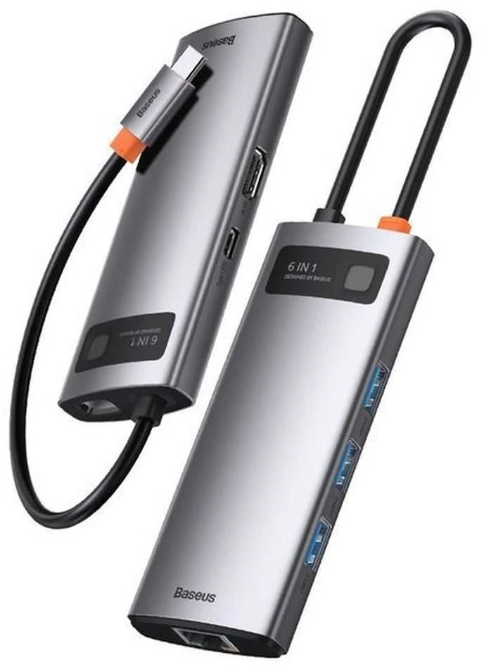 Baseus Metal Gleam serijos 6in1 šakotuvas USB-C - 3x USB 3.0 HDMI USB-C PD Ethernet RJ45