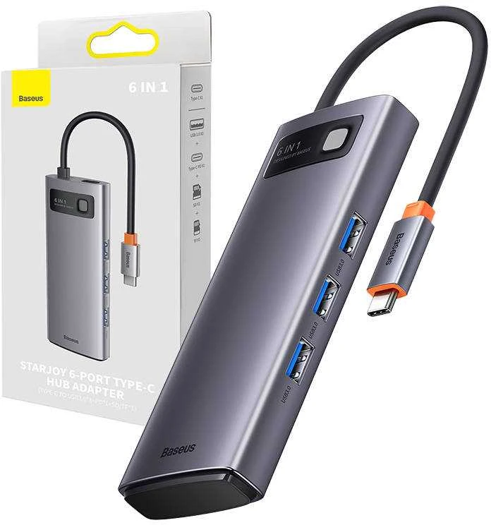 Adapteris 6in1 Baseus Metal Gleam Series USB-C į 3x USB 3.0 + USB-C PD + Micro SD/SD