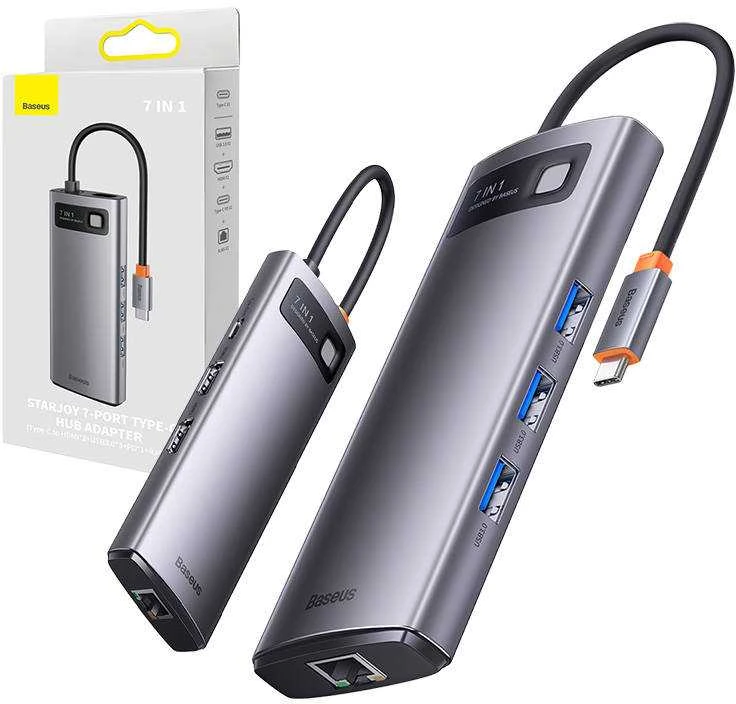 Hub 7in1 Baseus Metal Gleam Series USB-C iki 3x USB 3.0 + HDMI + USB-C PD + VGA + Ethernet RJ45