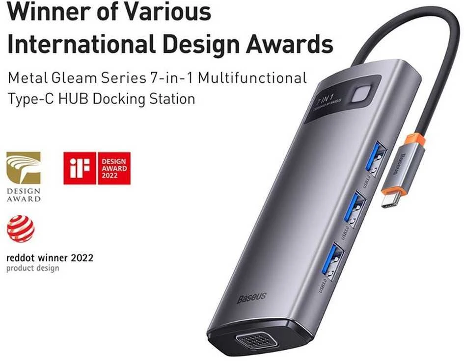 Hub 7in1 Baseus Metal Gleam Series USB-C iki 3x USB 3.0 + HDMI + USB-C PD + VGA + Ethernet RJ45