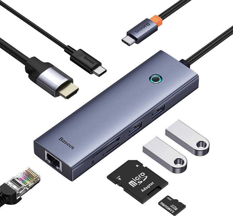 „Baseus UltraJoy“ 7 prievadų šakotuvas 7w1 (USB-C į 1xHDMI4K@30Hz + 2xUSB 3.0 + 1xPD +RJ45 + SD/TF3.0)