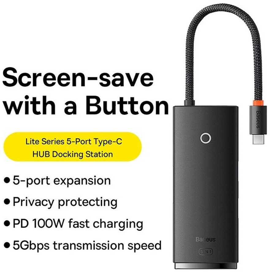HUB Baseus Lite serijos 5 prievadų USB-C prie HDMI+USB3.0x3+PD (juoda)