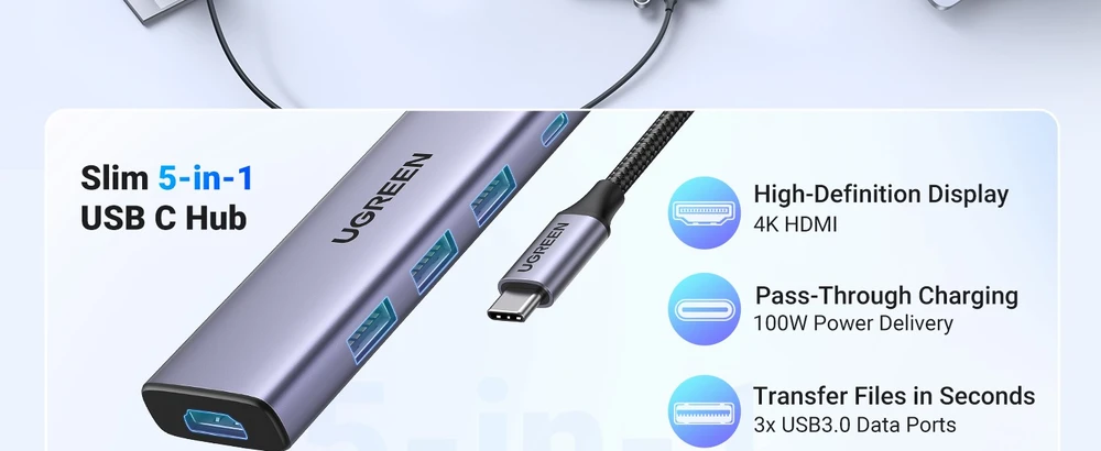 Adapteris HUB UGREEN CM511 USB-C prie HDMI, 3x USB-A 3.0, SD/TF