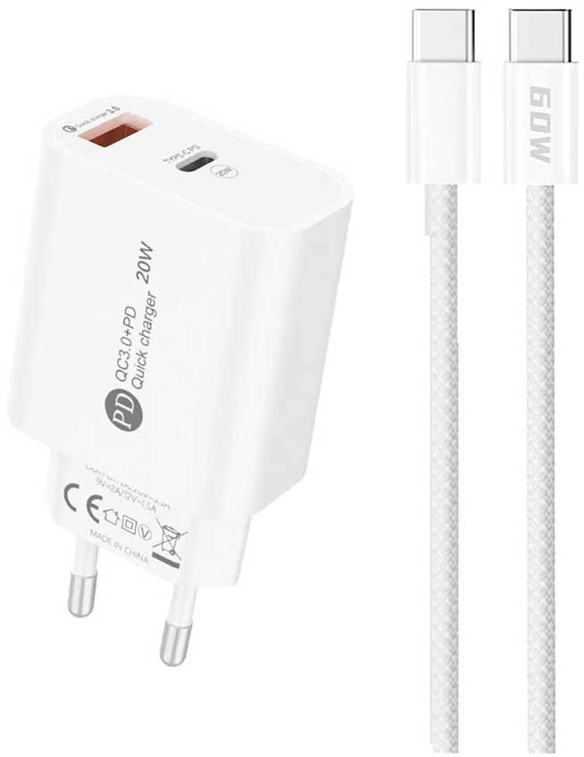 Hurtel A6MaxL 20W USB-A USB-C laidinis įkroviklis su USB-C – USB-C 1m kabeliu – baltos spalvos