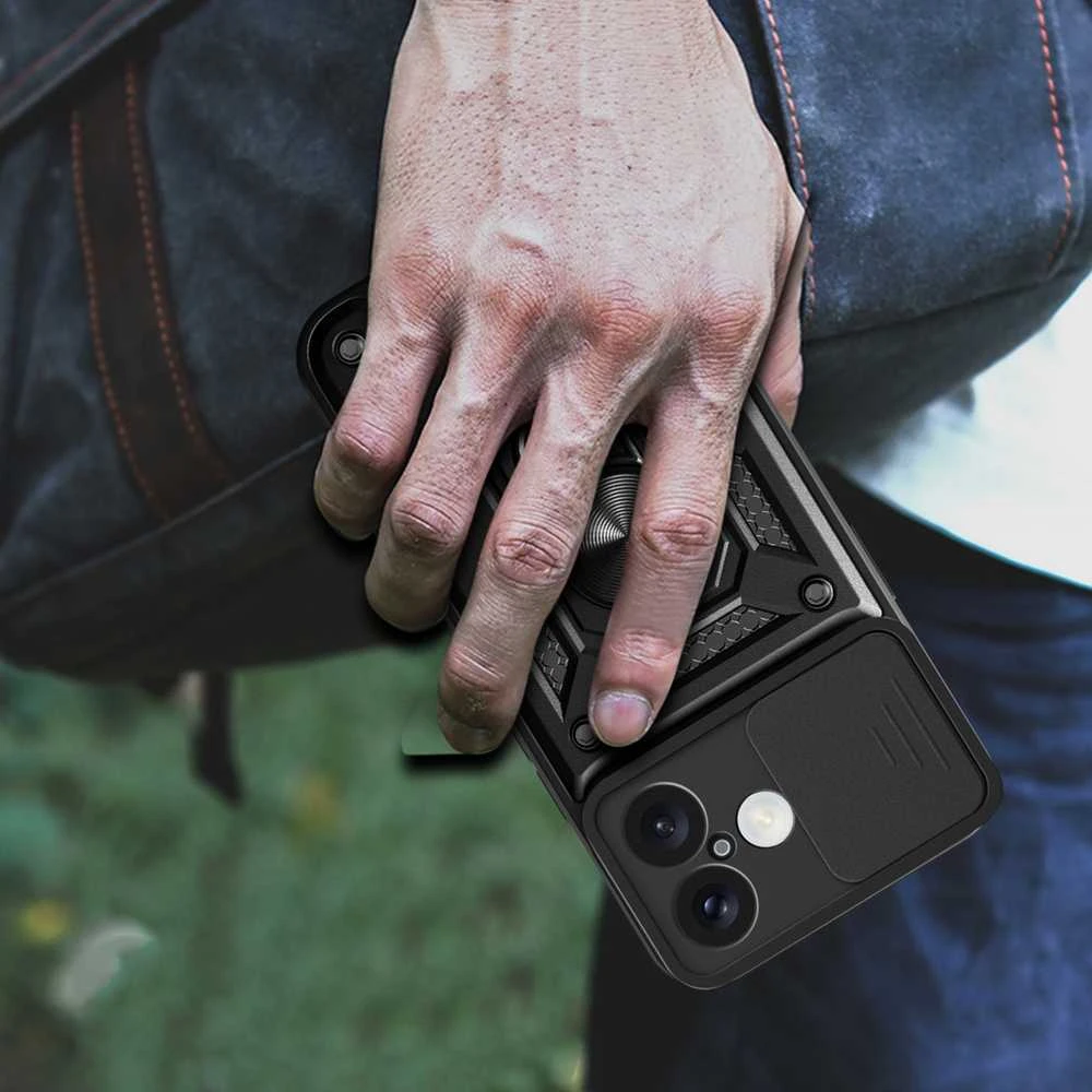Hurtel Hybrid Armor Camshield Apple iPhone 16 Armored Camera Cover and Stand – dėklas telefonui juodos spalvos