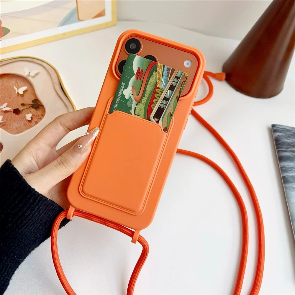 Hurtel iPhone 17 Pro / 18 Pro Silikoninis dėklas with Card Pocket and Crossbody Strap - Oranžinis