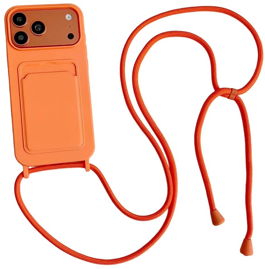 Hurtel iPhone 17 Pro / 18 Pro Silikoninis dėklas with Card Pocket and Crossbody Strap - Oranžinis