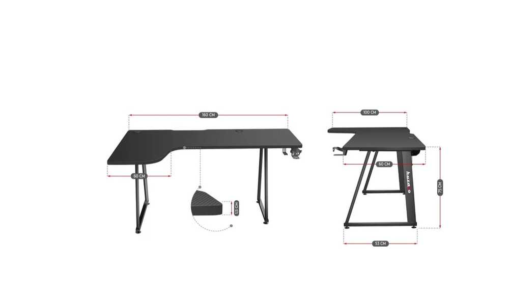 Kampinis žaidimų stalas Huzaro Hero 7.7 Gaming Desk, Juodas