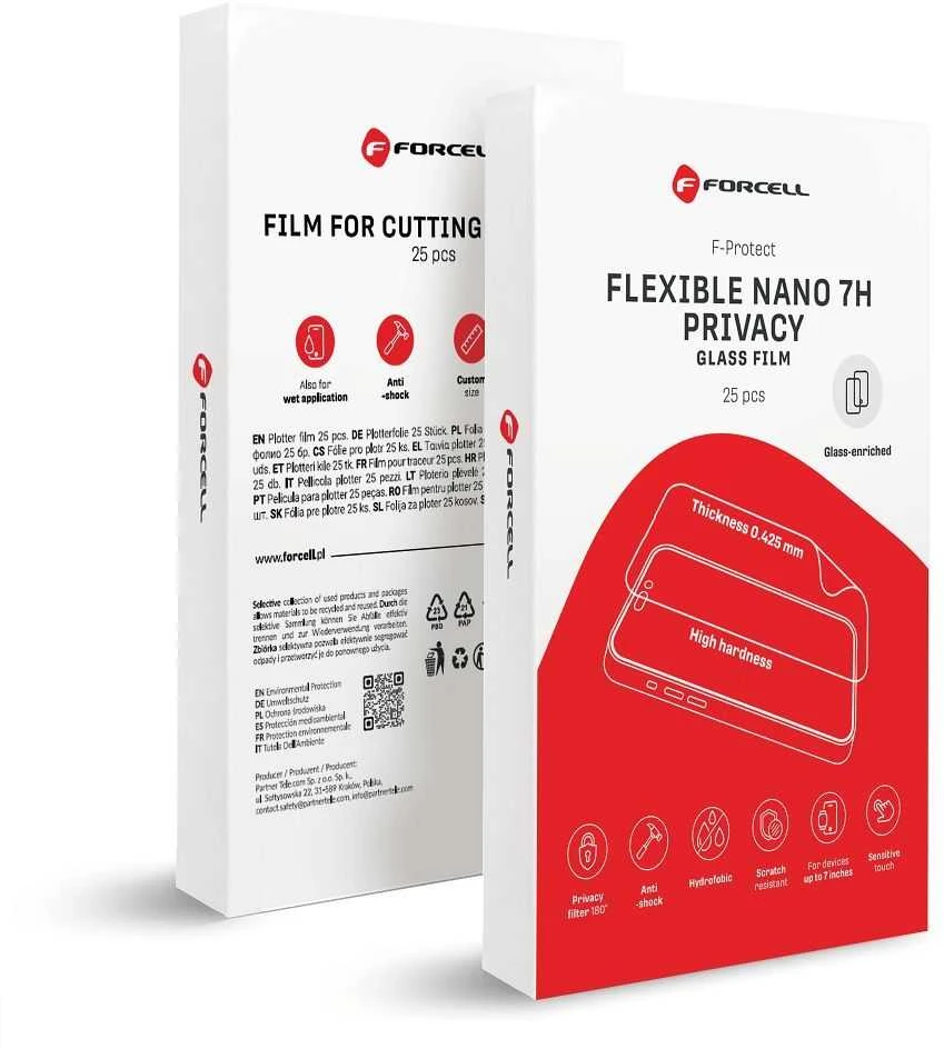 Hybrid nano glass filmas for cutting machine Forcell F-Protect Flexible NANO 7H PRIVACY 196 x 125 mm 25 pcs