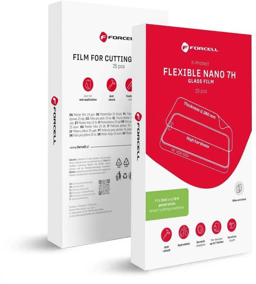 Hibridinės nano stiklo plėvelės pjovimo staklėms 2 ir 3 dalių. Forcell F-Protect Flexible NANO 7H 196 x 125 mm 25 vnt.