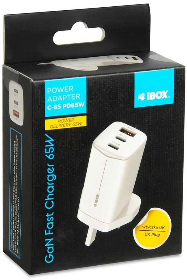 iBOX C-65 Baltas, GaN 65W universalus įkroviklis, JK kištukas