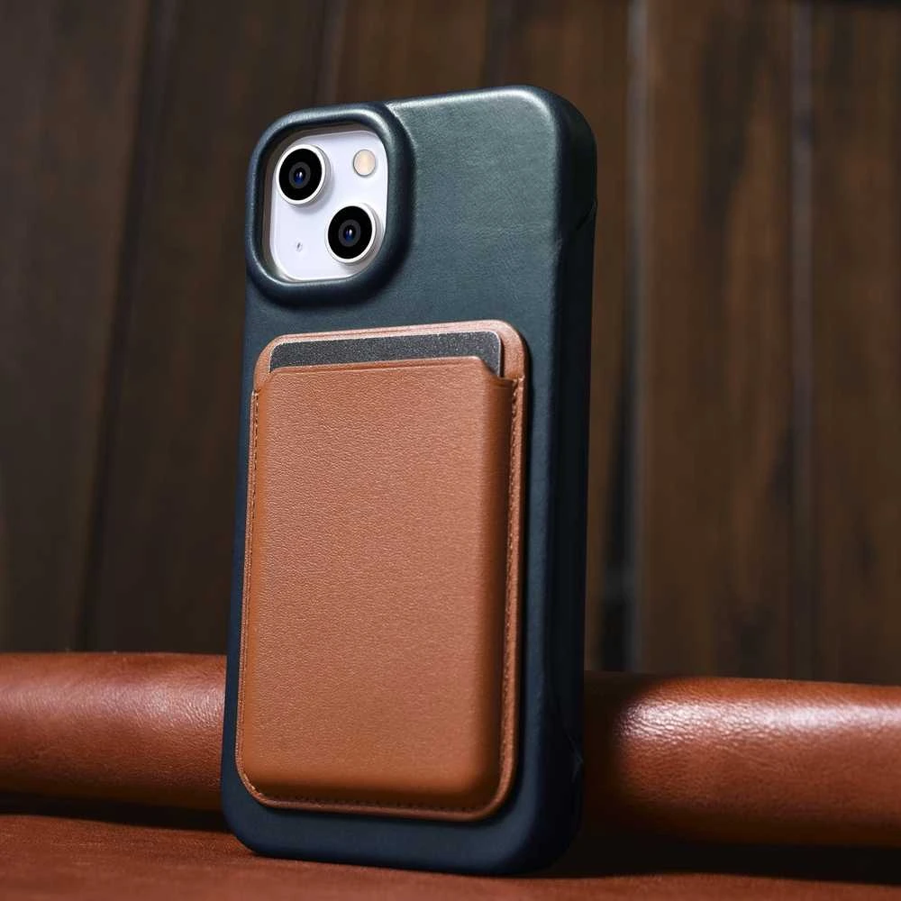 iCarer CE Oil Wax Premium Leather Apple iPhone 14 Plus magnetic atverčiamas MagSafe dėklas telefonui mėlynos spalvos (AKI14220707-BU)