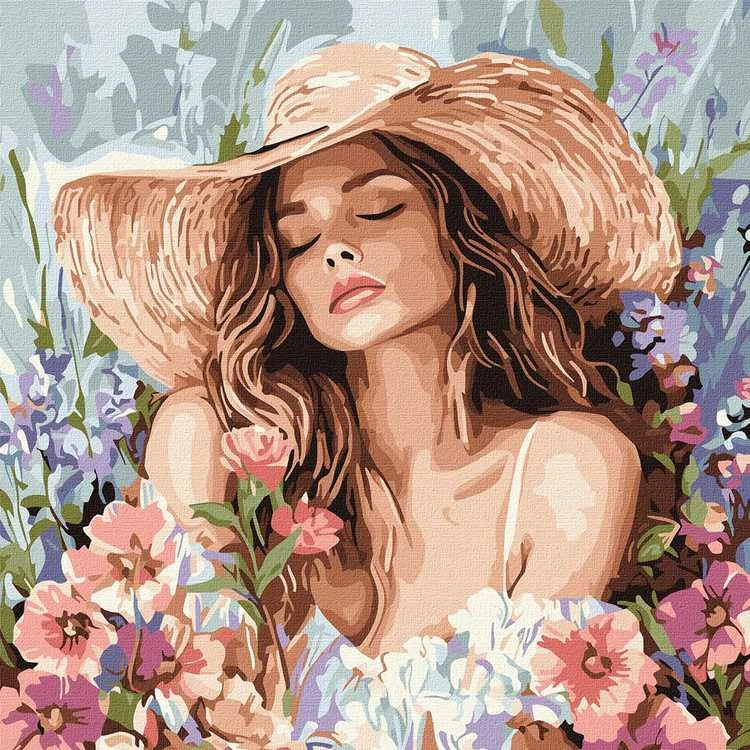 Ideyka Painting by numbers 40 x 40 cm KHO8569 Girl in a hat among flowers AP0100