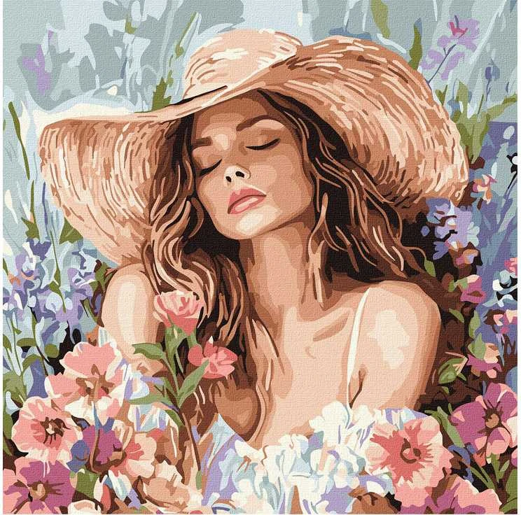 Ideyka Painting by numbers 40 x 40 cm KHO8569 Girl in a hat among flowers AP0100