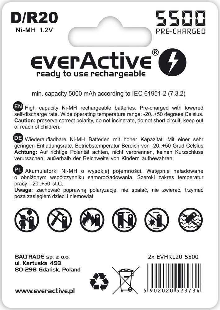 Akumuliatorius everActive R20 / D NiMH 1,2V 5500 mAh paruoštas naudoti 2B