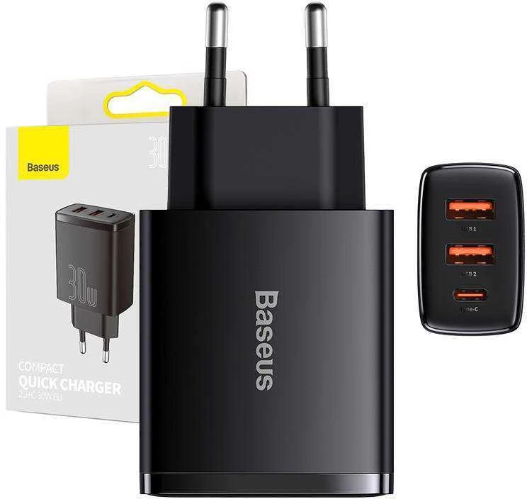 Baseus Sieninis įkroviklis 30W 2xUSB + USB-C QC3.0 PD3.0, juodas