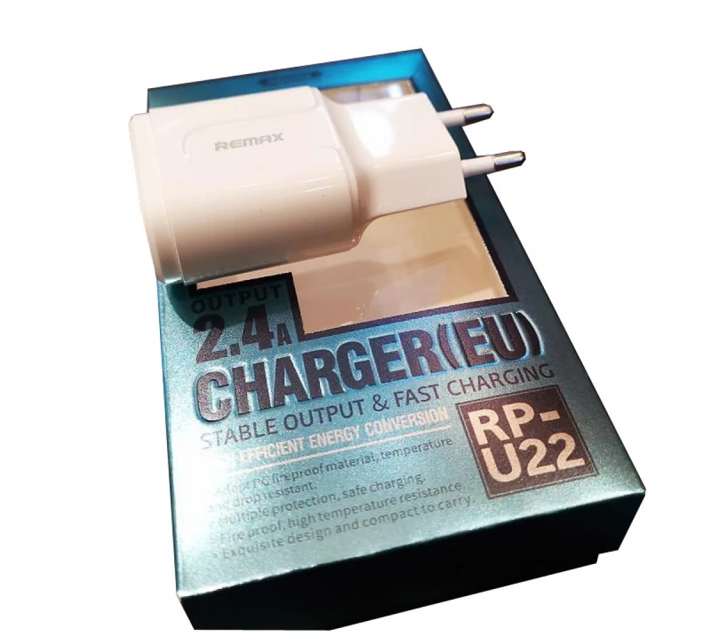 Įkroviklis buitinis Remax Fast Charging RP-U22 su 2xUSB jungtimis 2.4A baltas